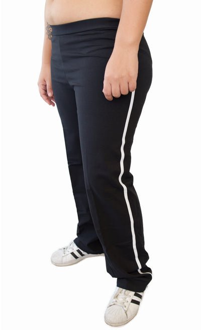 Outplay Tux on the Beach gender neutral  sweatpants in black with white side leg stripe - side and front view on model 