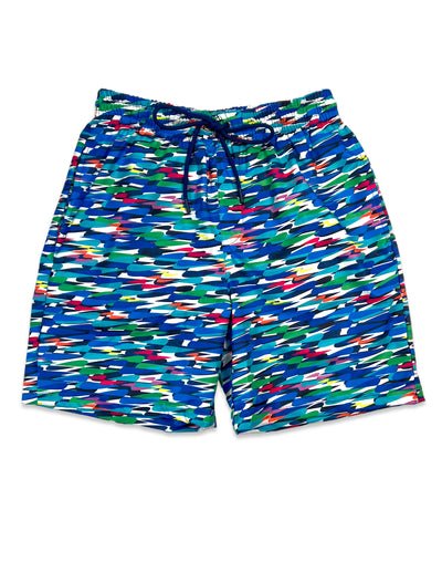 Outplay Cubagua boardshorts - front view. Outplay wave logo repeated in a variety of colors throughout