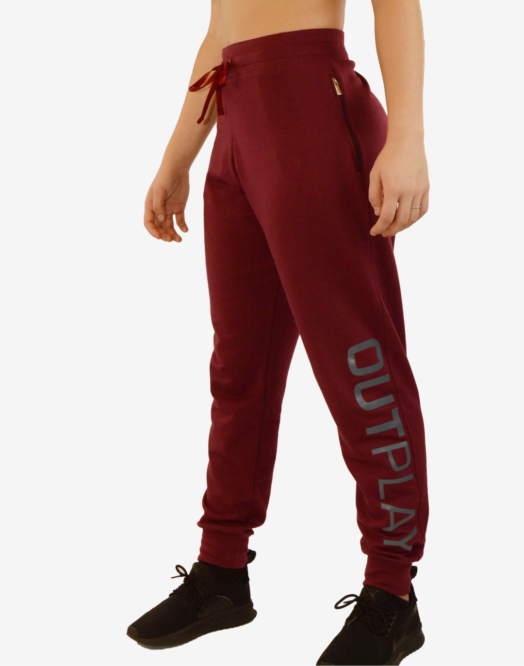 Outplay_ Mifes_burgundy branded gender neutral jogger pants on model